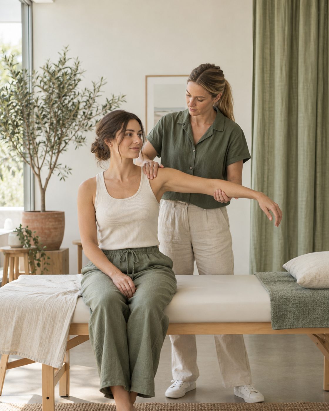 Physiotherapist assessing a patient's shoulder in the Sandgate clinic