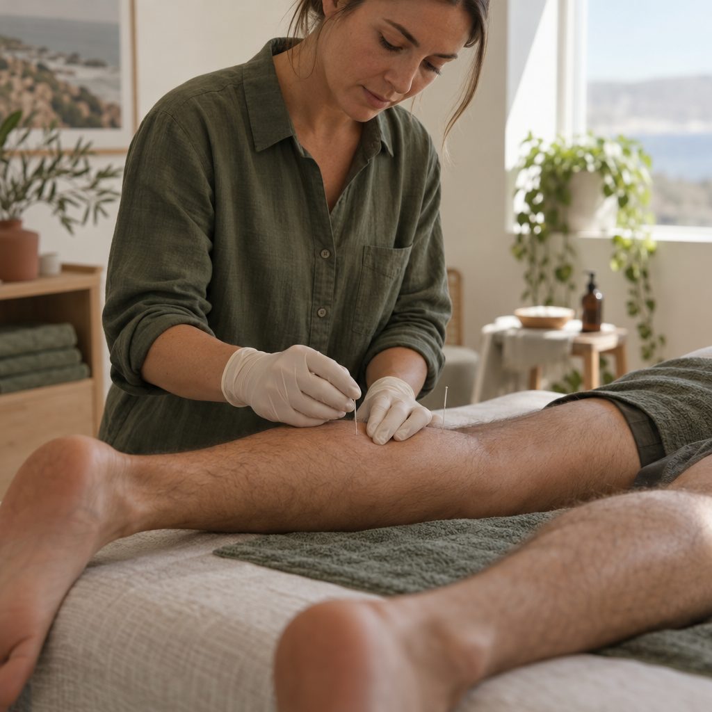 Dry needling treatment on a calf muscle
