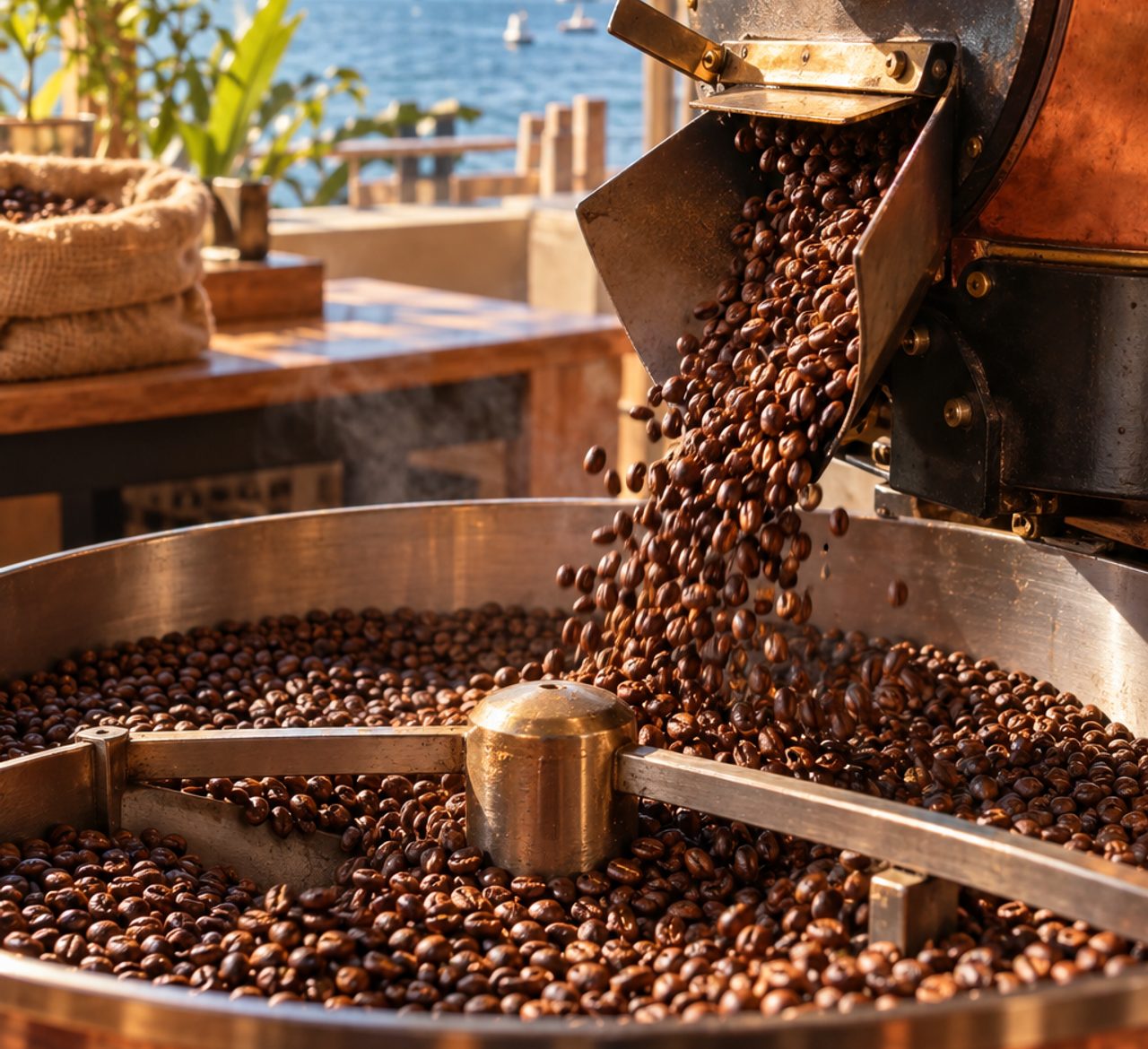 Freshly roasted beans pouring from the roaster into the cooling tray