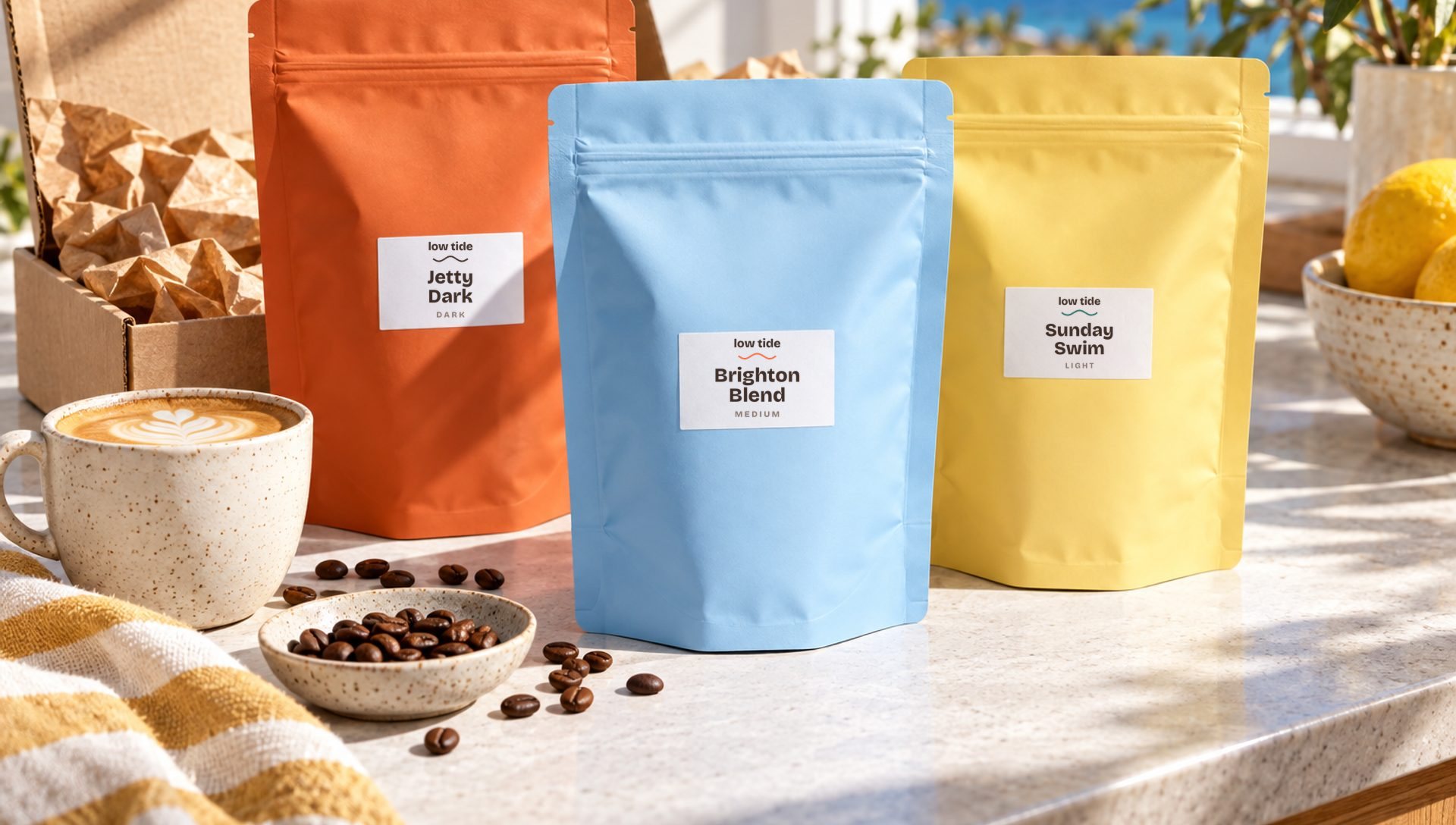 Three bags of Low Tide coffee unboxed on a kitchen bench