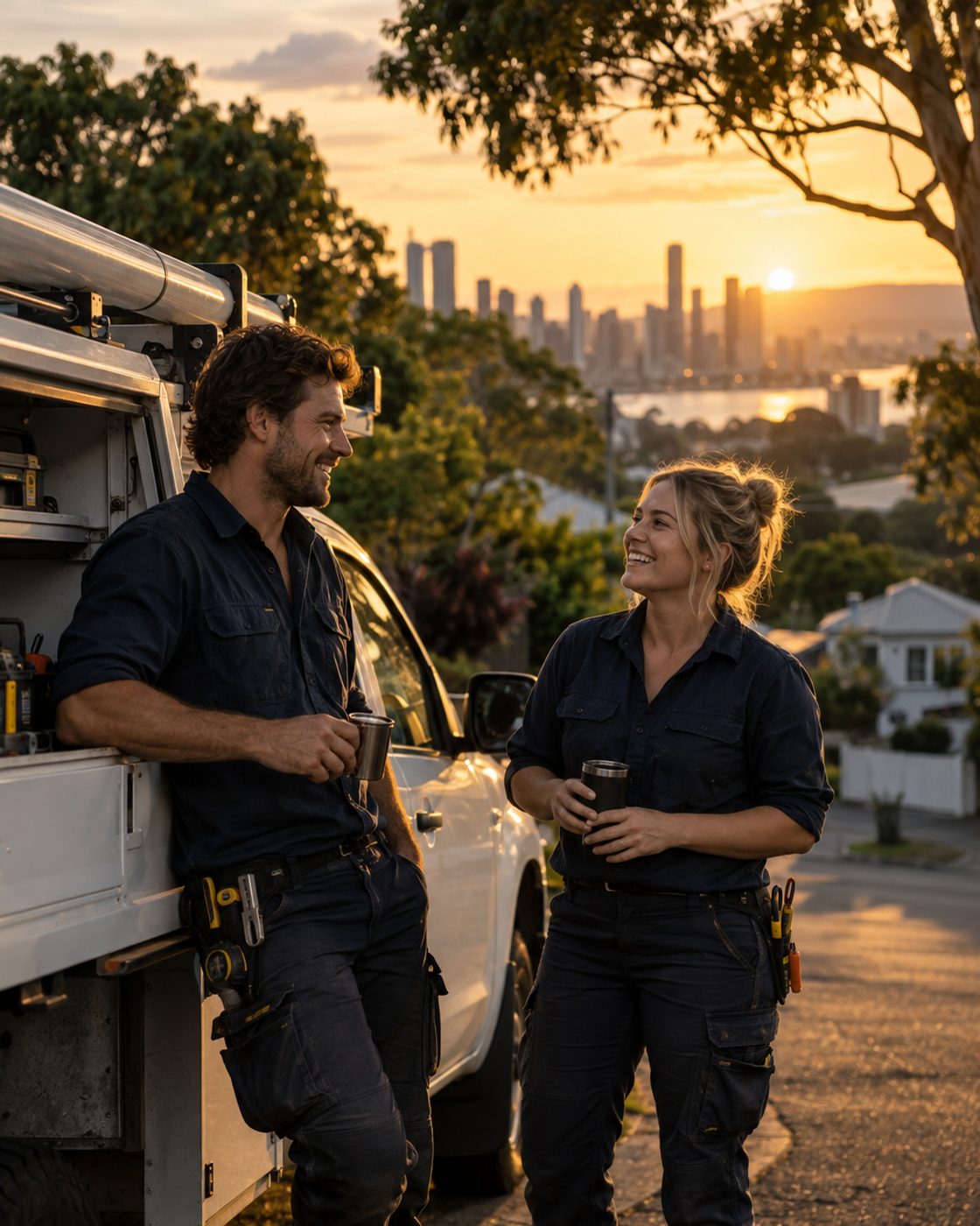 Two Tidewater electricians beside their work ute