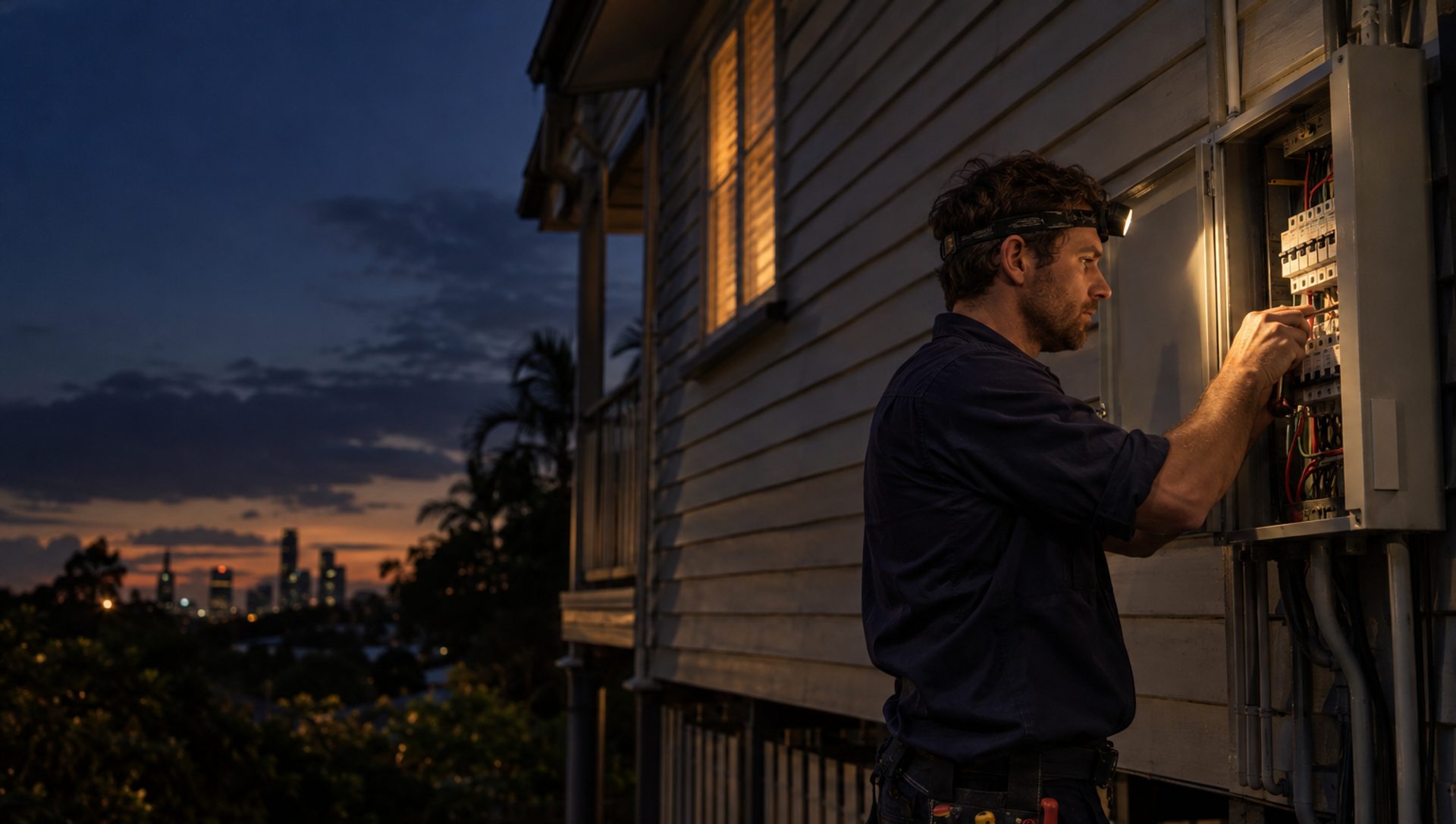 Electrician checking a switchboard on a Brisbane home at dusk
