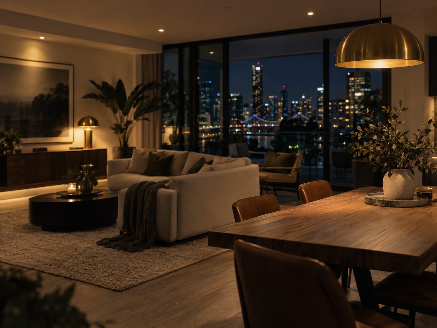 Living room with warm downlights and a pendant light