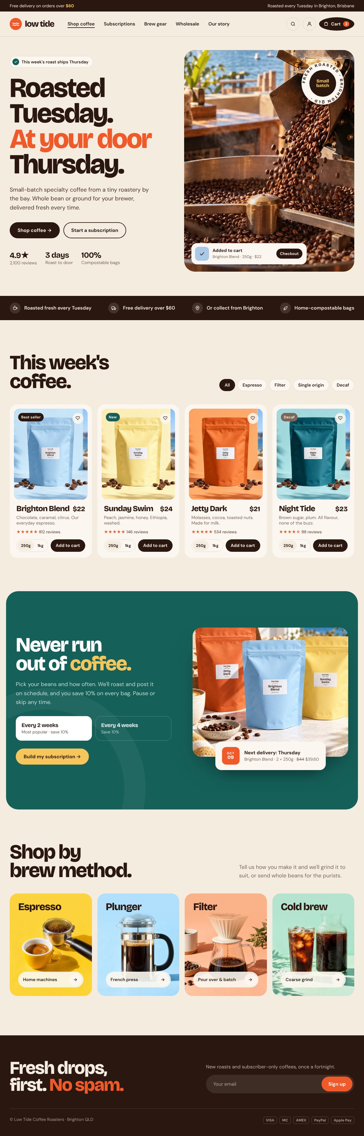 Low Tide Coffee example website, desktop