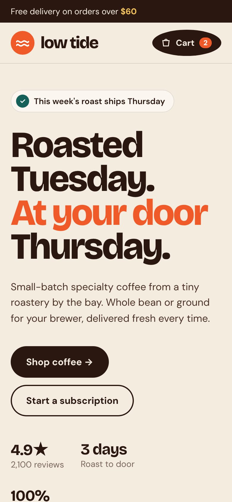 Low Tide Coffee example website on a phone