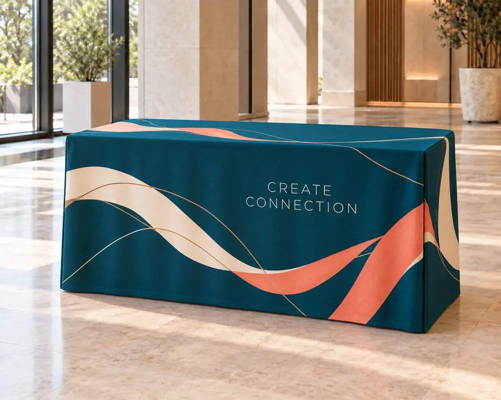 A trestle table with a printed fabric table cloth at an event