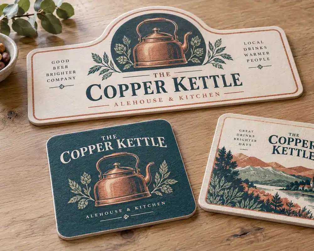 Printed beer mat board pieces with a drink glass