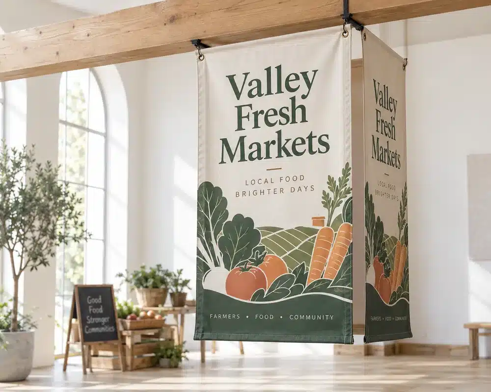 A printed blockout banner hanging in a market hall