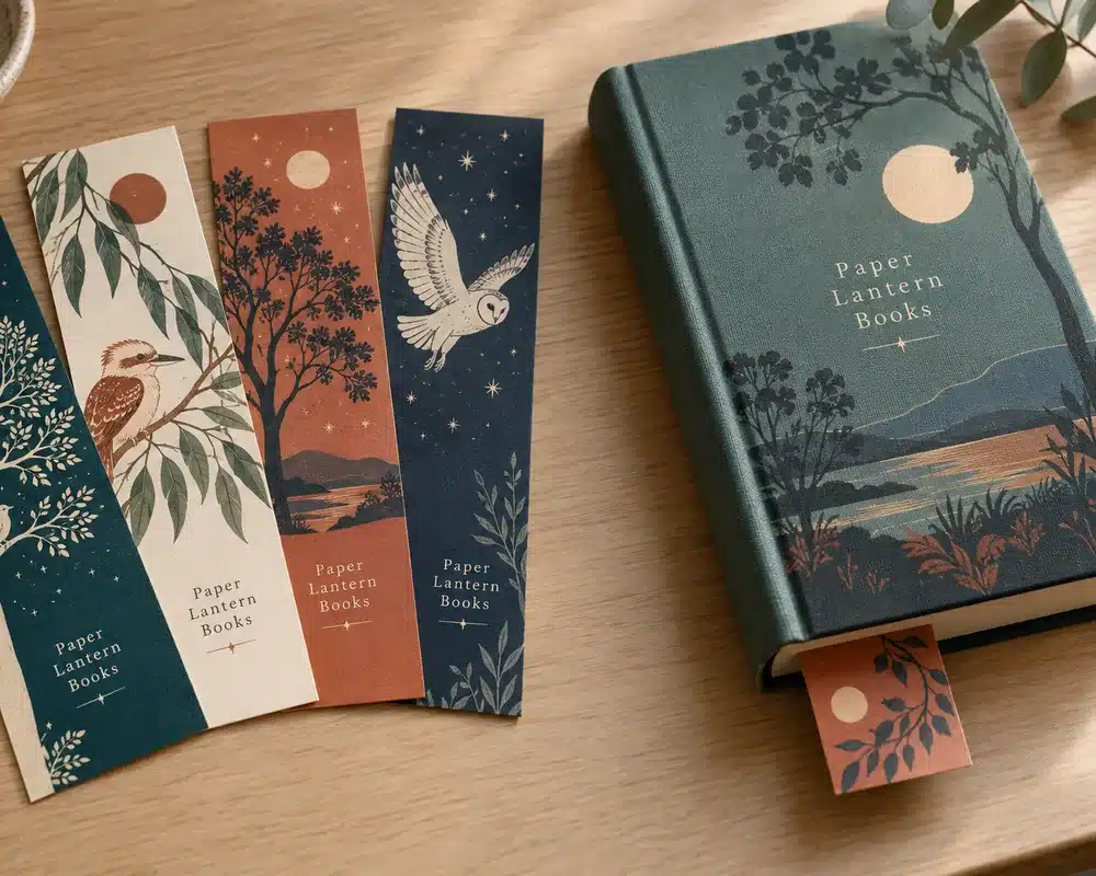 Printed bookmarks fanned out beside a hardcover book