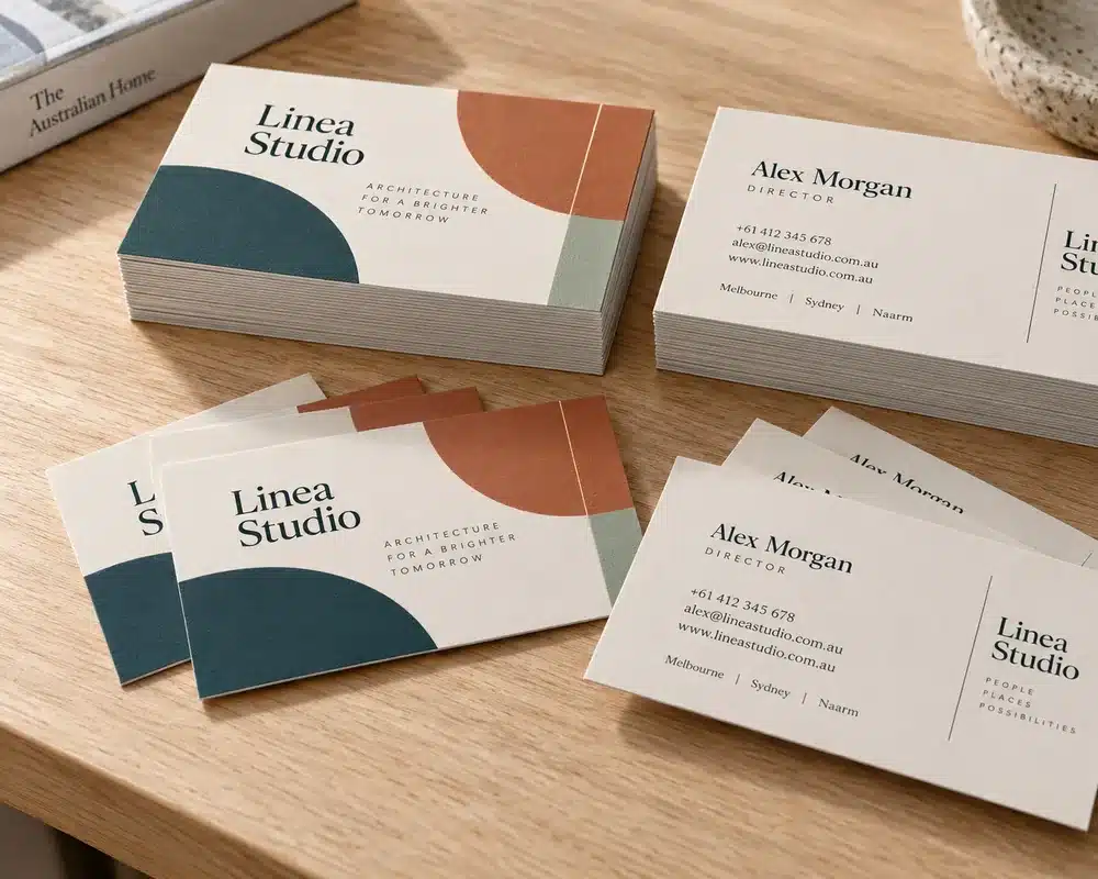 Stacks of thick printed business cards fanned out showing front and back