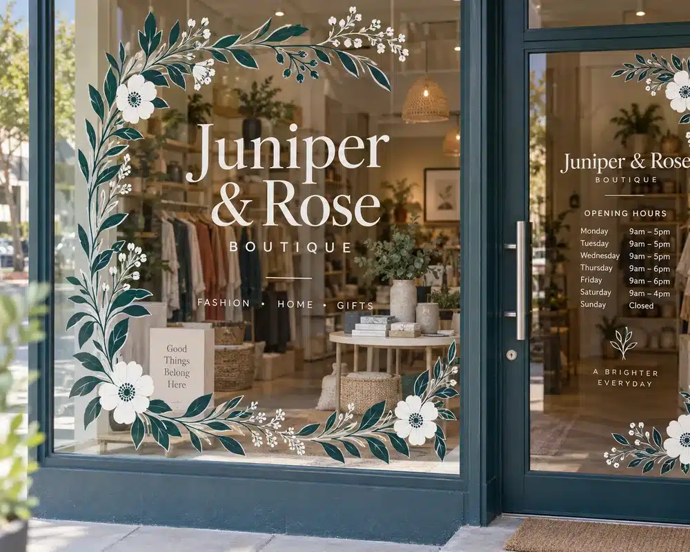 A printed clear vinyl graphic on a shop's glass door