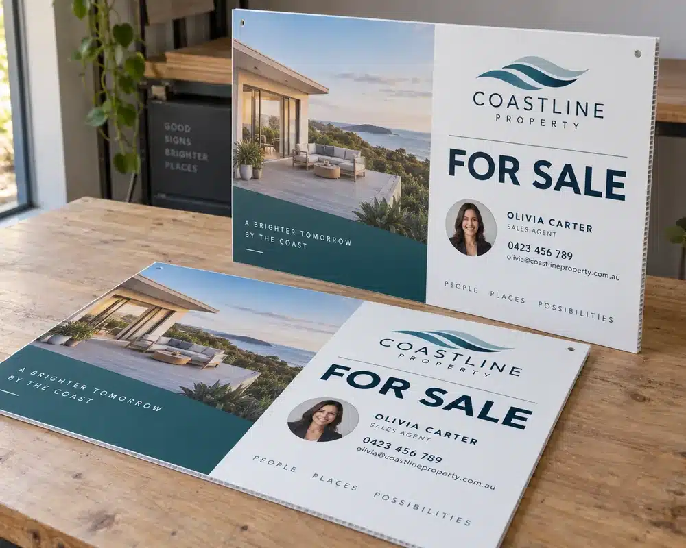 Printed corflute signs, one with eyelets and one cut to shape