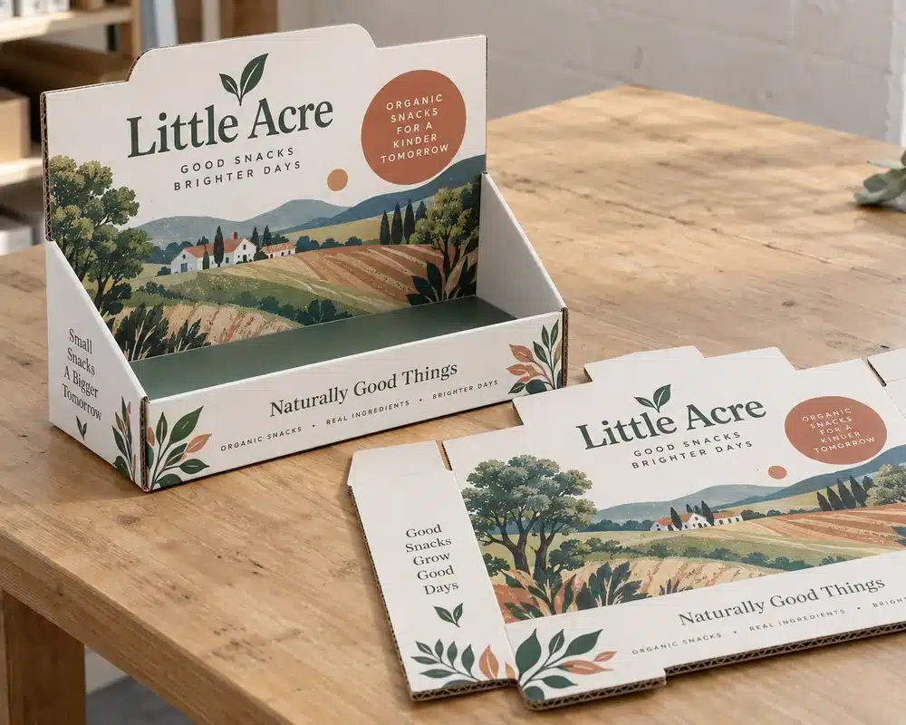 Printed corrugated cardboard display pieces showing the fluted edge