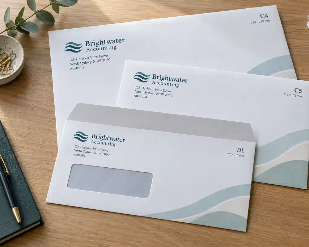Printed DL, C5 and C4 envelopes with a return address and logo