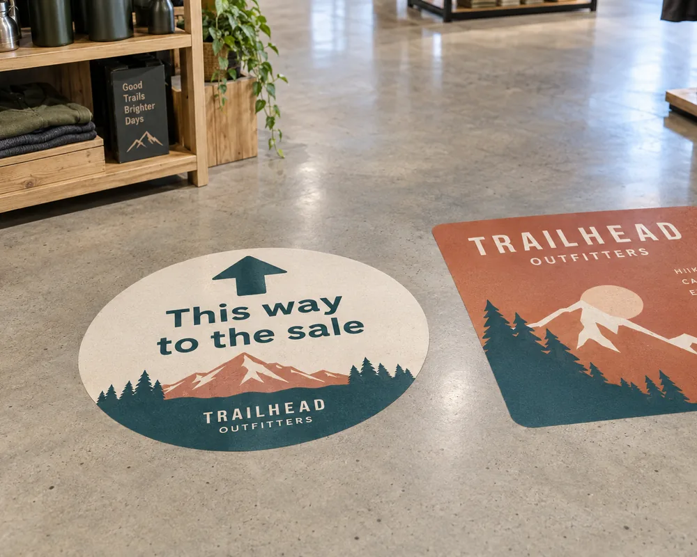 Printed directional floor decals on a polished concrete floor