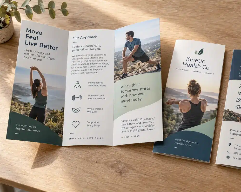 Printed tri-fold and half-fold brochures on a timber desk