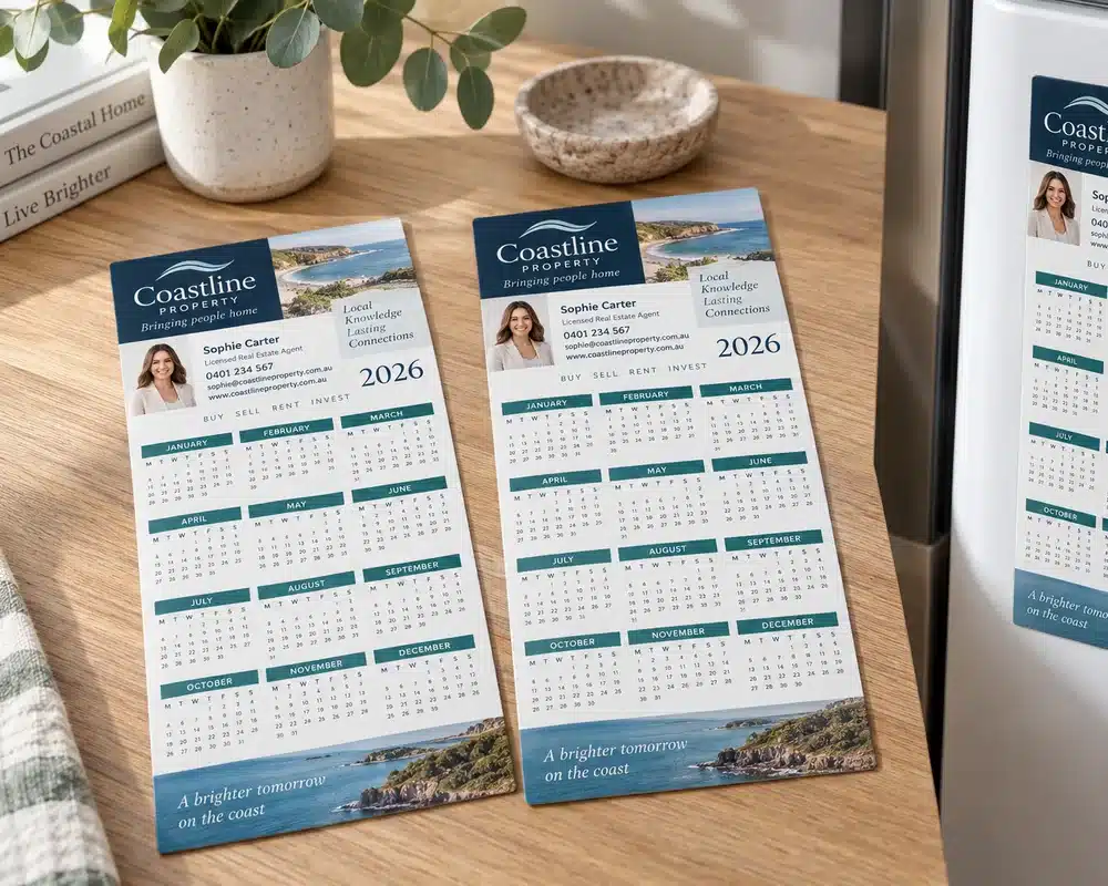 Printed DL magnetic fridge calendars, one on a fridge door