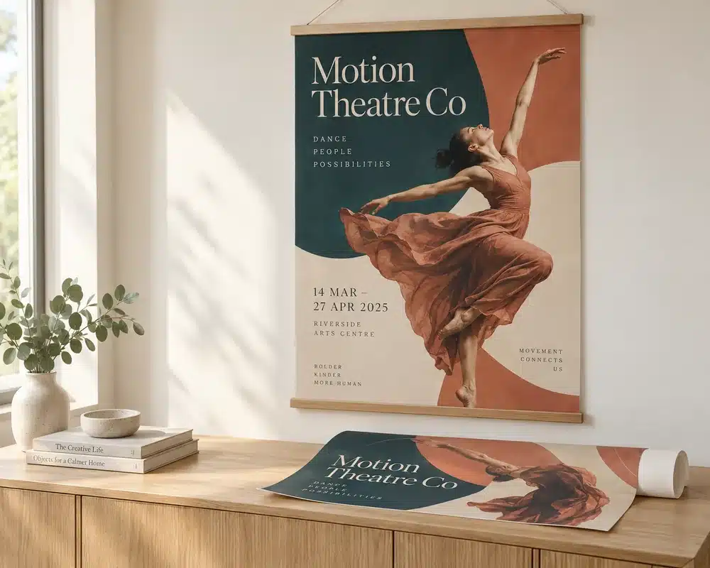 A large printed poster hung on a wall with poster hangers