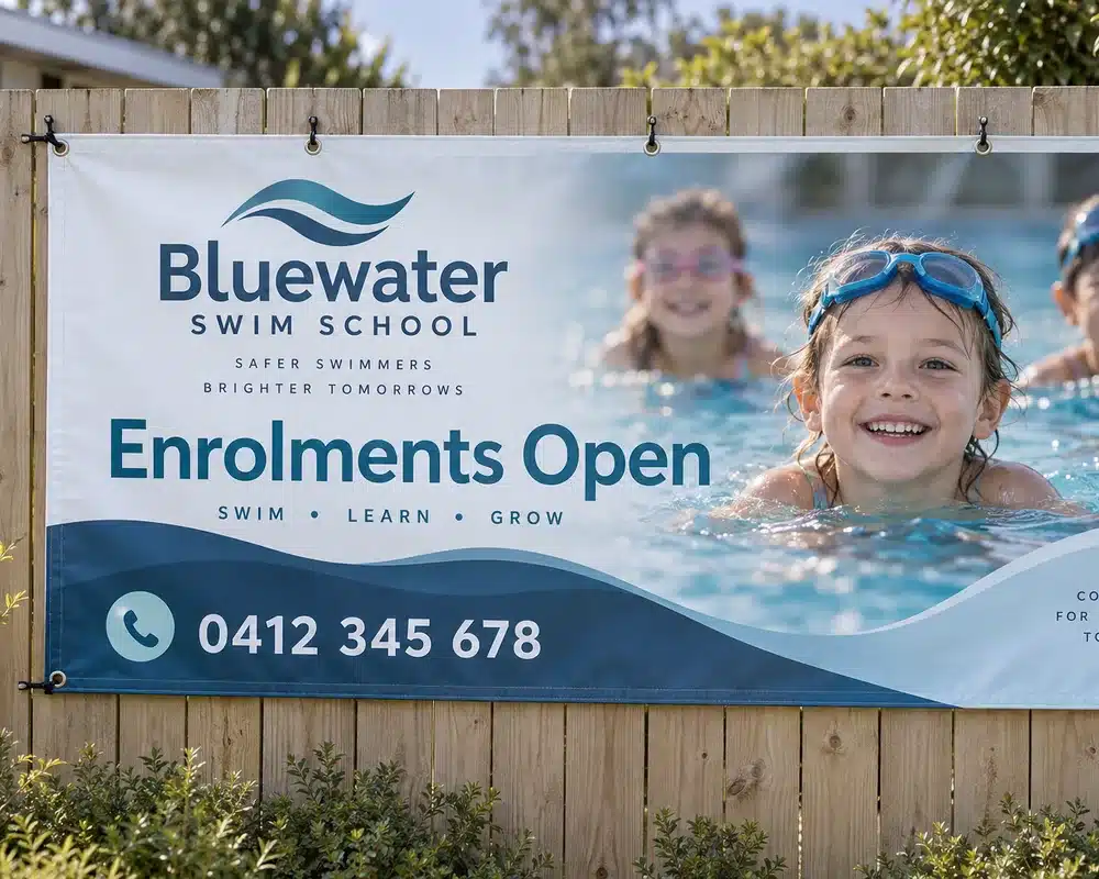 A printed PVC banner with eyelets hung on a timber fence