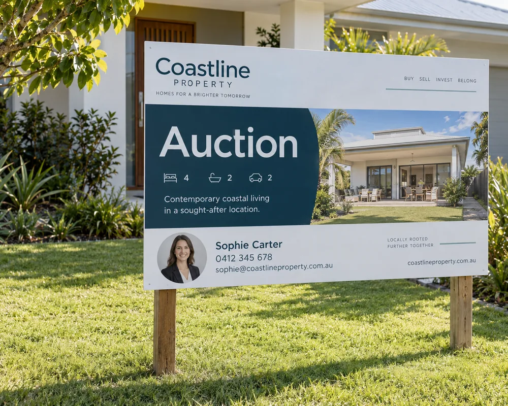 A real estate auction sign board in a front garden