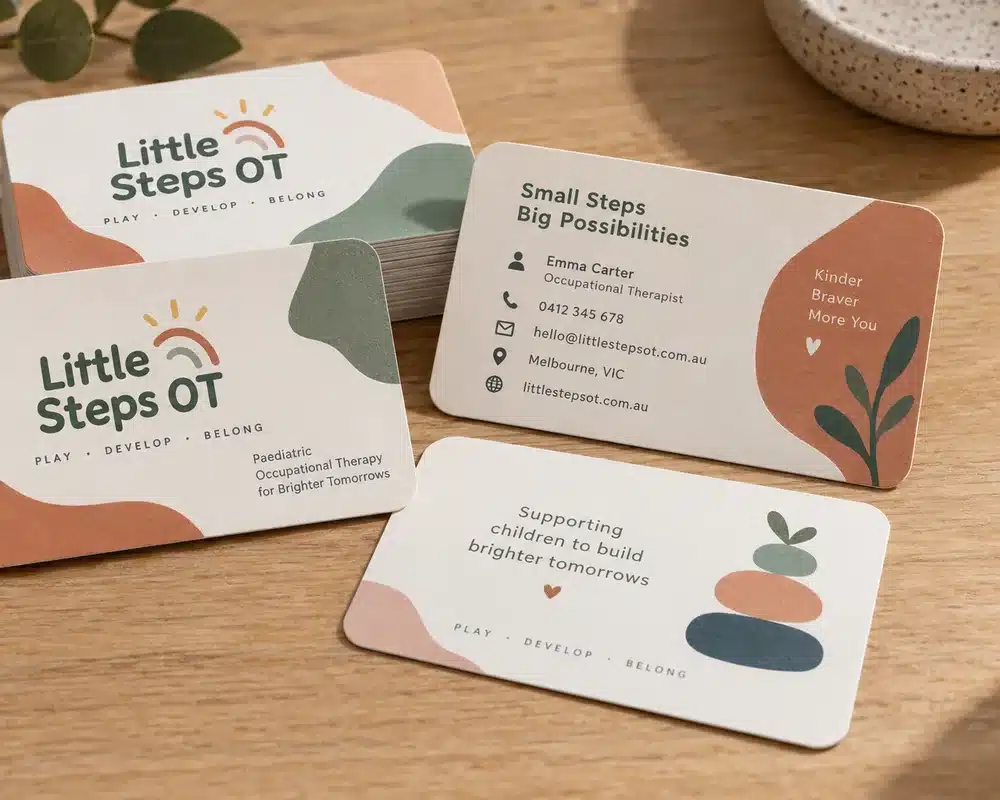 Business cards with rounded corners fanned out on a timber desk