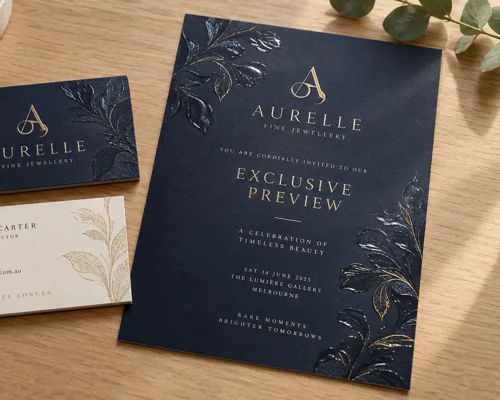 Business cards and invitations with raised gloss and gold foil finishes