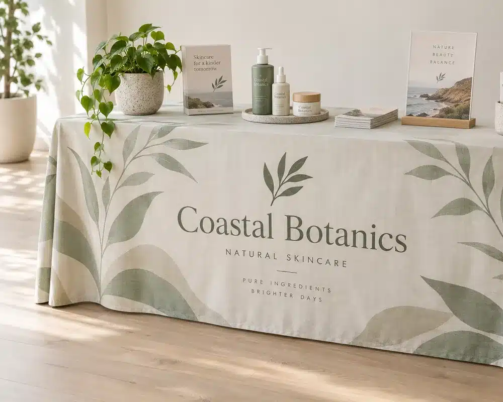 A trestle table with a printed fabric table cloth at an event