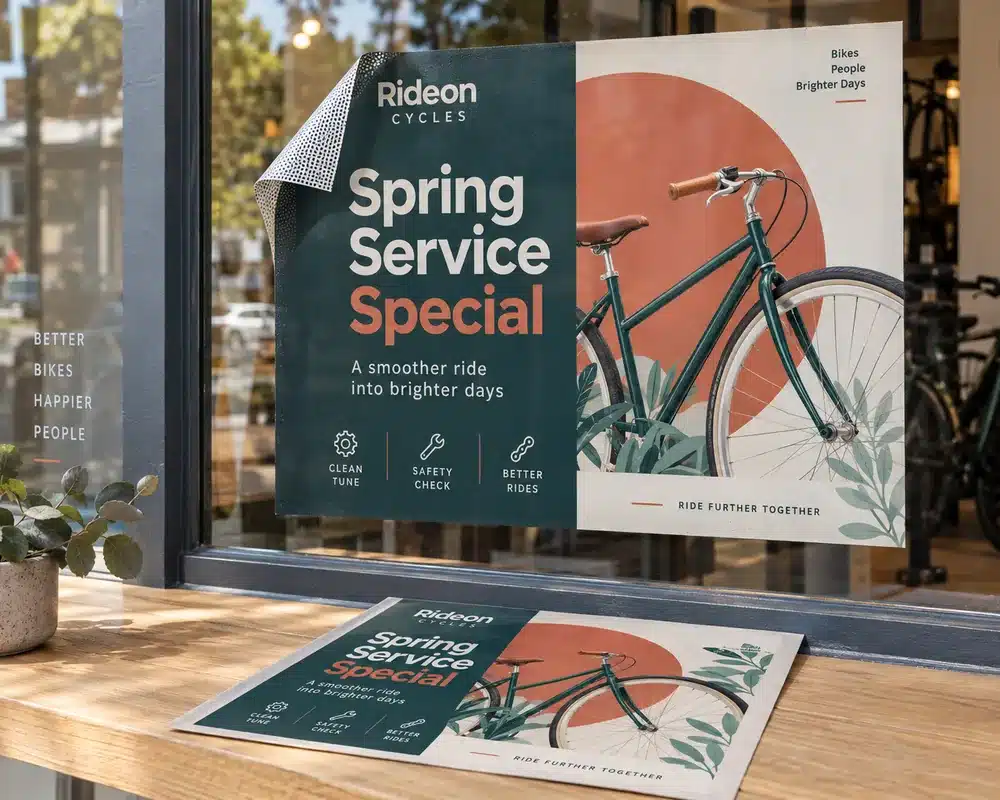 A printed window graphic with a lifted corner showing the dot adhesive