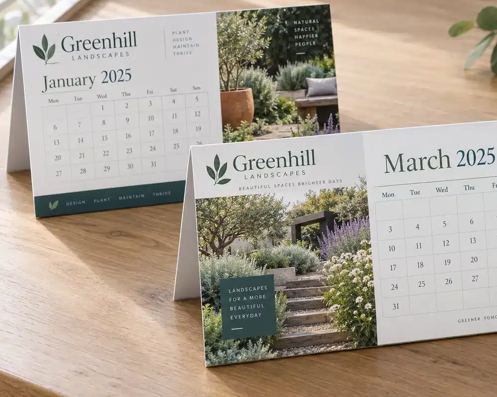 Printed A4 desk tent calendars standing on a timber desk