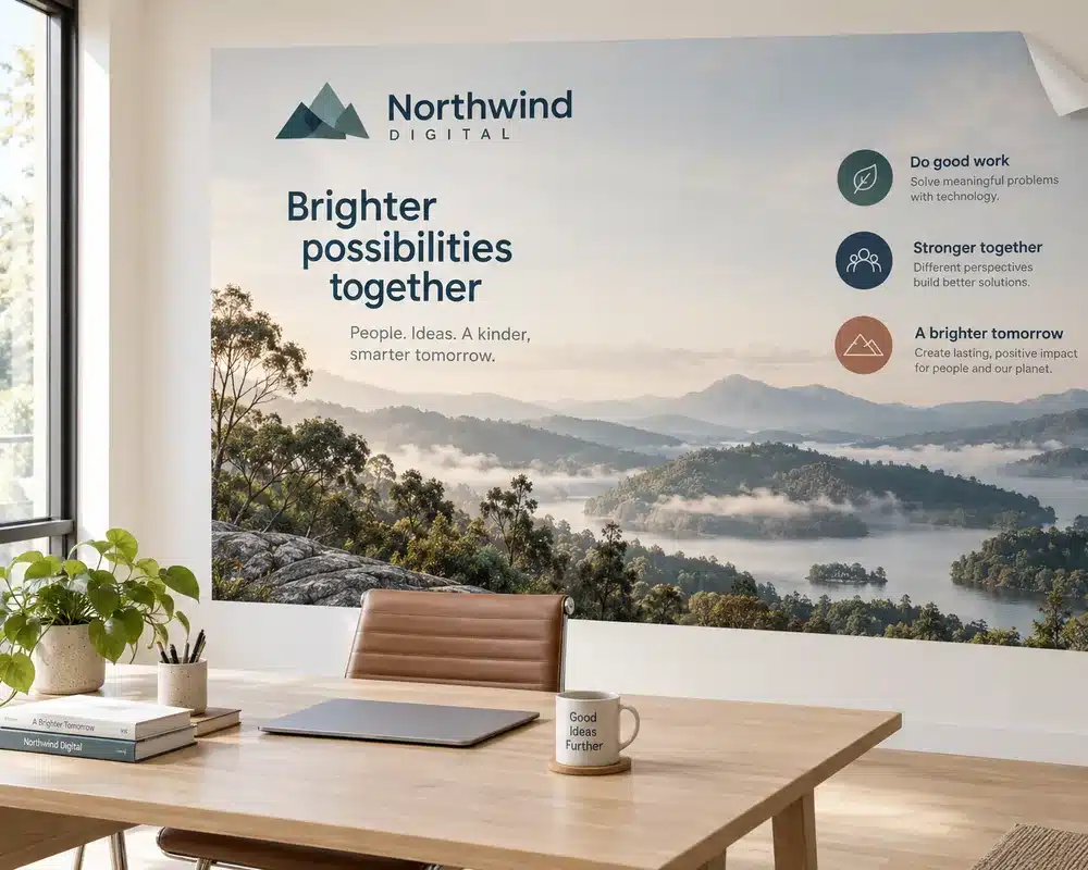 A large printed wall graphic on an office feature wall