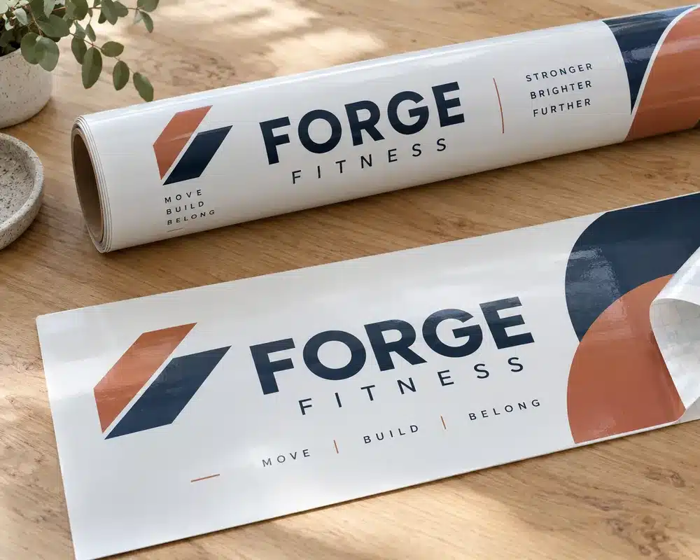 A large printed vinyl graphic being applied, with a roll of vinyl