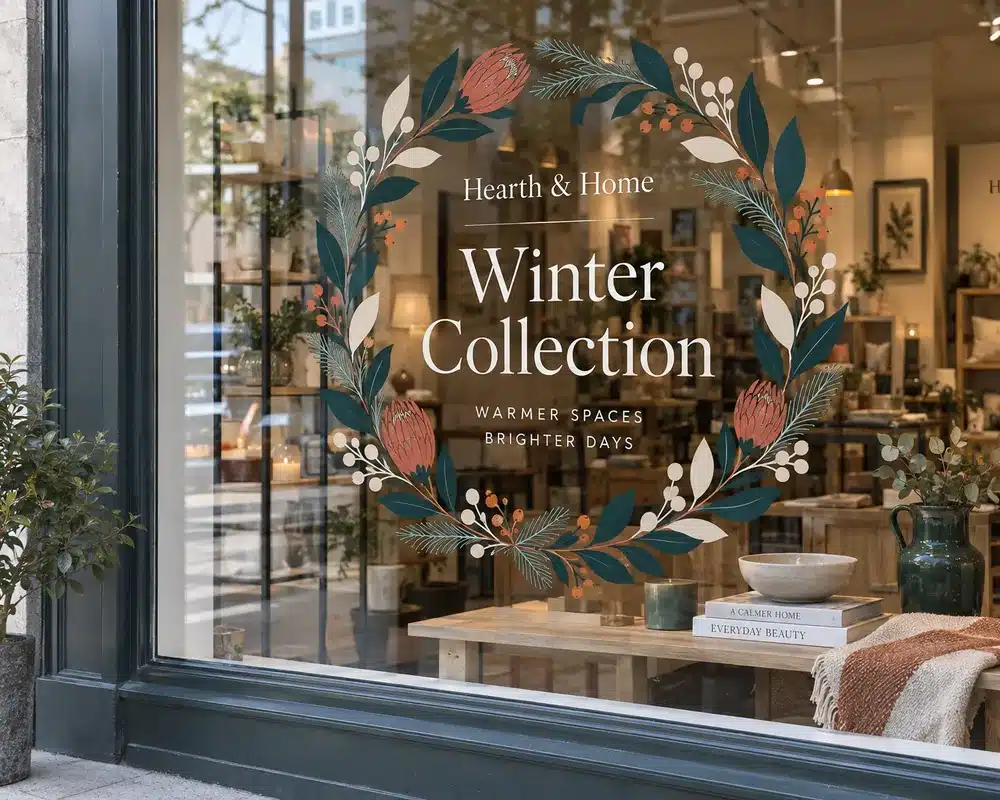 Printed window display graphics inside a retail shop window